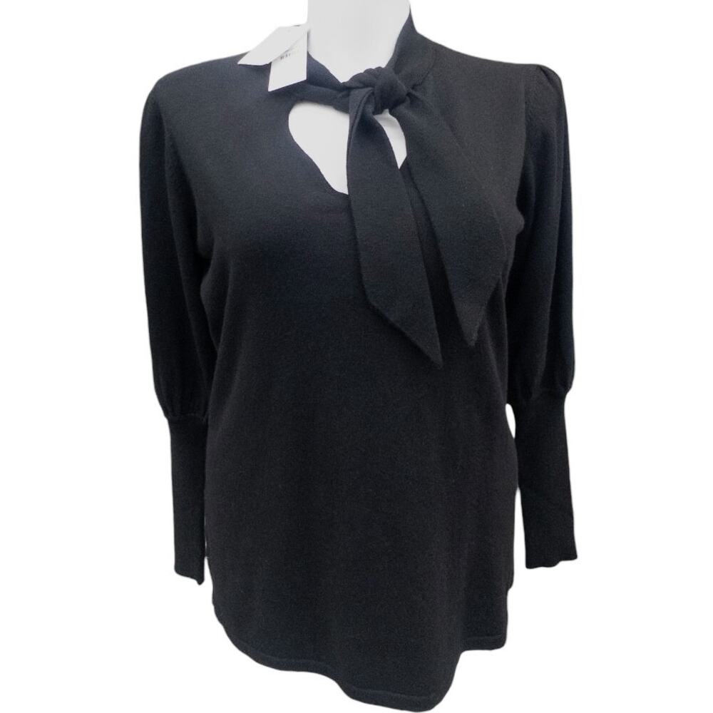 City Chic Black Tie Neck Balloon Sleeve V Neck Sweater Women's Size 16 Small